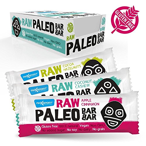 Maxsport Nutrition Raw Barrita Energética Paleo 100% natural - Barritas de Fruta y Frutos Secos al Cacao - Barritas de Crudas para Dieta Paleo, Sin Azúcar Añadido - Sin Gluten - Vegano - MixBox 20x50g