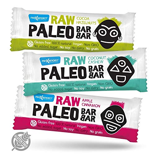 Maxsport Nutrition Raw Barrita Energética Paleo 100% natural - Barritas de Fruta y Frutos Secos al Cacao - Barritas de Crudas para Dieta Paleo, Sin Azúcar Añadido - Sin Gluten - Vegano - MixBox 20x50g