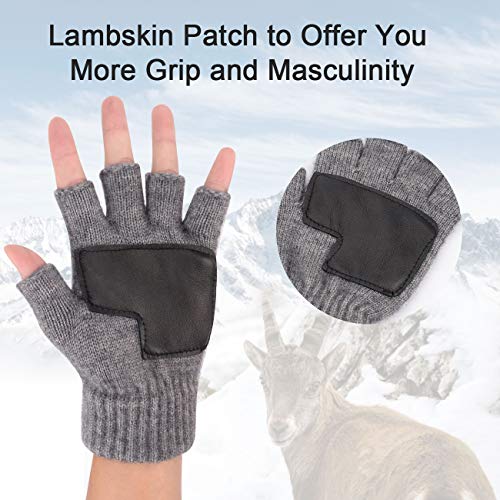 MAYLISACC Guantes de Medio Dedo Invierno para Hombres, Guantes Sin Dedos Térmicos con Agarre de Piel de Oveja para Unisex, Suave, Elástico y Flexible, Gris