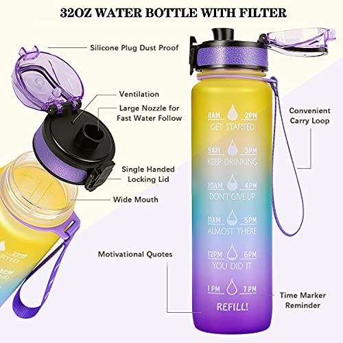 MBMT 1 Litro Botella de Agua Deportiva,Botella de Bicicleta para Tritan sin BPA con Filtro y Cepillo, Botella de Agua a prueba de fugas con Marcador de Tiempo Motivacional,para bicicleta, gimnasio