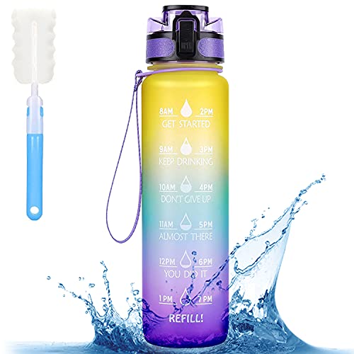 MBMT 1 Litro Botella de Agua Deportiva,Botella de Bicicleta para Tritan sin BPA con Filtro y Cepillo, Botella de Agua a prueba de fugas con Marcador de Tiempo Motivacional,para bicicleta, gimnasio