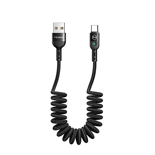 mcdodo Cable elástico en espiral USB C cable retráctil tipo C cable de carga de sincronización de datos QC 4.0 cable de carga en espiral para S10 S9 S8 HUAWEI P30 P20 extensible hasta 1,8 m (negro)