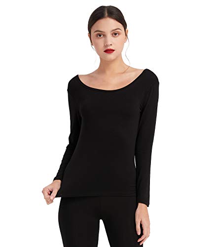 Mcilia Camiseta Interior para Mujer de Capa Térmica Modal de Manga Larga con Cuello Redondo Bajo Negro XX-Large (EU 52 54)
