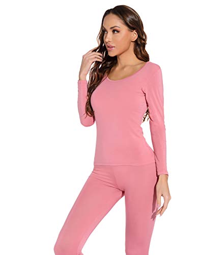 Mcilia Conjunto de Camiseta y Pantalones para Mujer de Ropa Interior Térmica Modal Ultradelgada con Cuello Redondo Peonía Medium (EU 40 42)