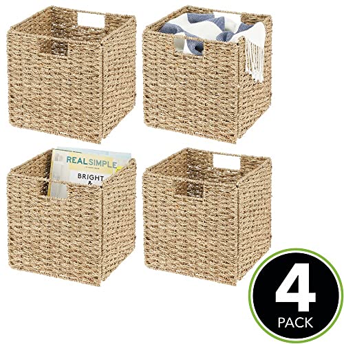 mDesign Juego de 4 cajas de almacenaje – Cajas organizadoras plegables hechas de junco marino – Cestas de almacenaje con patrón trenzado – Ideales para estanterías cuadradas – color bambú