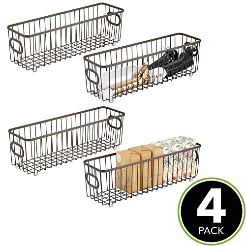 mDesign Juego de 4 cestas de almacenaje en metal con asas integradas – Caja organizadora estrecha con bonito diseño en malla de alambre – Ideal como organizador de baño para cosméticos – color bronce