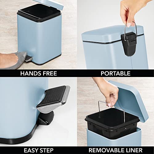 mDesign Papelera de baño cuadrada – Cubo de basura con pedal, tapadera y cubeta de plástico – Elegante contenedor de residuos metálico de 6 litros para cosmética, baño, cocina u oficina – azul