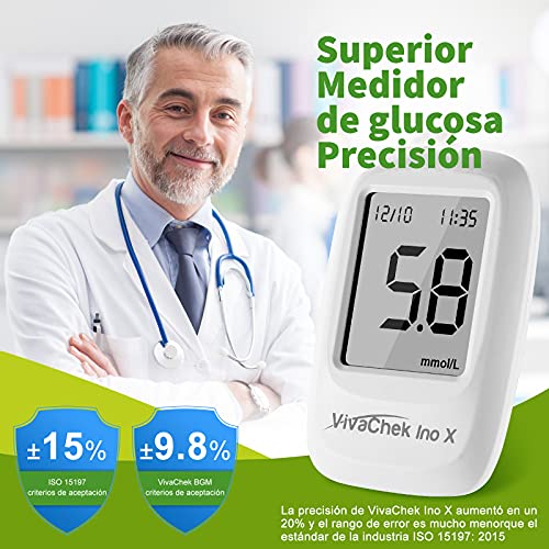 Medidor de glucosa en sangre, kit medidor azucar en sangre con codefree tiras de prueba de glucosa en sangre x 50, recordatorios de prueba y 900 memorias por VivaChek Ino X glucometro - mg/dL