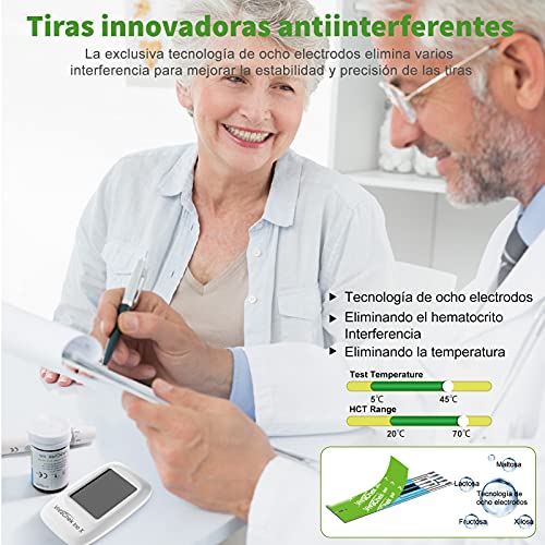 Medidor de glucosa en sangre, kit medidor azucar en sangre con codefree tiras de prueba de glucosa en sangre x 50, recordatorios de prueba y 900 memorias por VivaChek Ino X glucometro - mg/dL