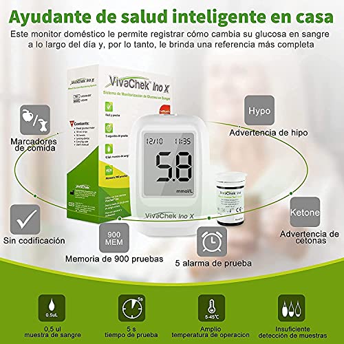 Medidor de glucosa en sangre, kit medidor azucar en sangre con codefree tiras de prueba de glucosa en sangre x 50, recordatorios de prueba y 900 memorias por VivaChek Ino X glucometro - mg/dL