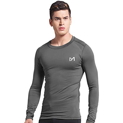 MEETYOO Camiseta Compresion Hombre, Ropa Deportiva Manga Larga Base Layers para Running Gym Ciclismo (Gris-1, L)