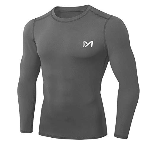 MEETYOO Camiseta Compresion Hombre, Ropa Deportiva Manga Larga Base Layers para Running Gym Ciclismo (Gris-1, L)