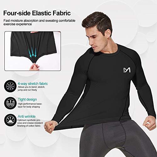 MEETYOO Camiseta Compresion Hombre, Ropa Deportiva Manga Larga Base Layers para Running Gym Ciclismo (Negro + Azul + Gris, XL)