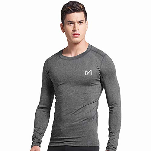 MEETYOO Camiseta Compresion Hombre, Ropa Deportiva Manga Larga Base Layers para Running Gym Ciclismo (Negro + Azul + Gris, XL)