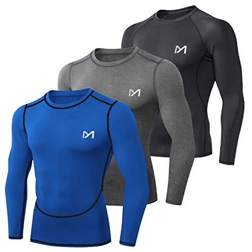 MEETYOO Camiseta Compresion Hombre, Ropa Deportiva Manga Larga Base Layers para Running Gym Ciclismo (Negro + Azul + Gris, XL)