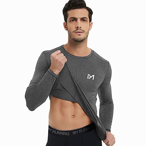 MEETYOO Camiseta Compresion Hombre, Ropa Deportiva Manga Larga Base Layers para Running Gym Ciclismo (Negro+Gris+Blanco, M)