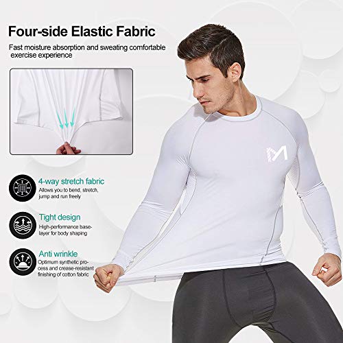 MEETYOO Camiseta Compresion Hombre, Ropa Deportiva Manga Larga Base Layers para Running Gym Ciclismo (Negro+Gris+Blanco, M)