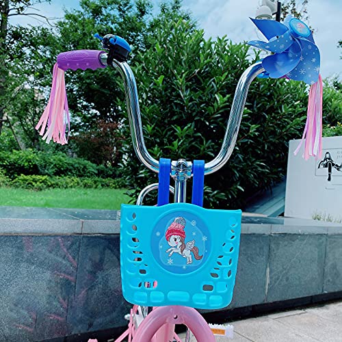 MEGHNA Canasta de Bicicleta para Niños Canasta de Manillar Frontal de Bicicleta Dibujos Animados Incluye Campana y Patrón de Unicornio de Molinete