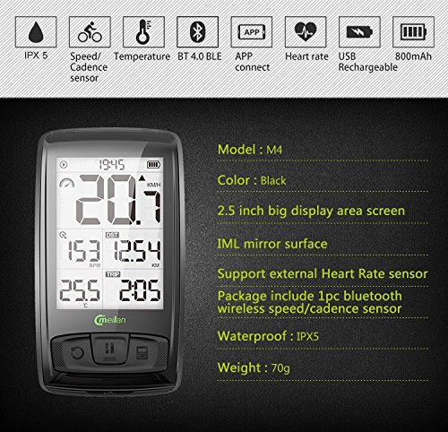 MEILAN Computadora de Ciclo inalámbrica M4 Ant + BLE4.0 con Sensor de Velocidad/cadencia Impermeable