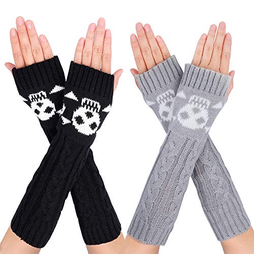 MengH-SHOP Calentadores de Brazo Guantes Largos de Invierno Sin Dedos Calentador de Punto de Brazo y Muñecas con Agujero de Pulgar para Mujeres 2 Pares (Negro y Gris)