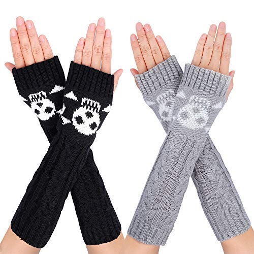 MengH-SHOP Calentadores de Brazo Guantes Largos de Invierno Sin Dedos Calentador de Punto de Brazo y Muñecas con Agujero de Pulgar para Mujeres 2 Pares (Negro y Gris)