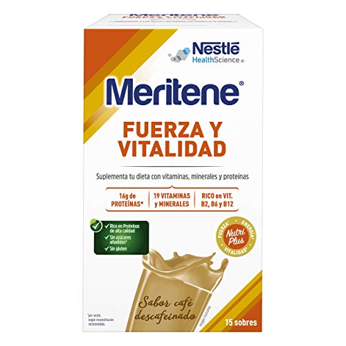 Meritene® FUERZA Y VITALIDAD - Suplementa tu nutrición y mantén tu sistema inmune con vitaminas, minerales y proteínas - Batido de Café descafeinado - Estuche (15 sobres de 30g)