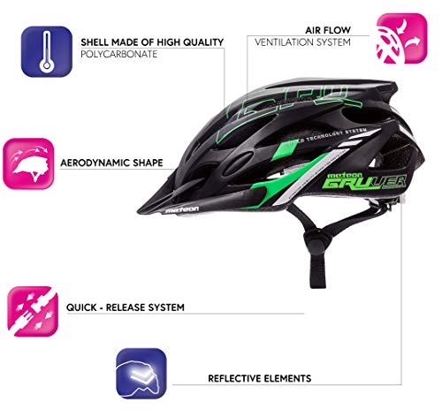 meteor Cascos Casco Bicicleta Casco Helmet Casco Bici Casco Bicicleta Adulto Skate Ciclismo Bicicleta Patineta Patines Monopatines Bici Accesorios Casco Gruver (S (52-56 cm), Negro/Verde)