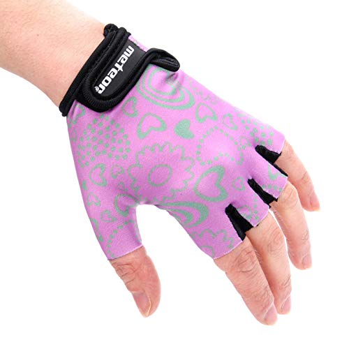 meteor Guantes de Ciclismo niñas y niños - Guantes Bicicleta para Infantil MTB BMX Carretera Montaña sin Dedos - con una Almohadilla de Gel (M ~7-7,5cm, Flower)