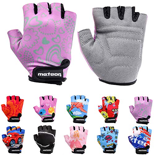 meteor Guantes de Ciclismo niñas y niños - Guantes Bicicleta para Infantil MTB BMX Carretera Montaña sin Dedos - con una Almohadilla de Gel (M ~7-7,5cm, Flower)