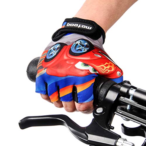 meteor Guantes de Ciclismo niñas y niños - Guantes Bicicleta para Infantil MTB BMX Carretera Montaña sin Dedos - con una Almohadilla de Gel (M ~7-7,5cm, Auto)