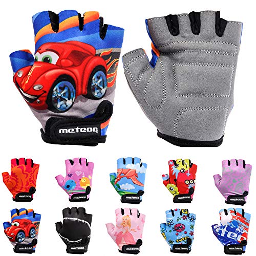 meteor Guantes de Ciclismo niñas y niños - Guantes Bicicleta para Infantil MTB BMX Carretera Montaña sin Dedos - con una Almohadilla de Gel (M ~7-7,5cm, Auto)