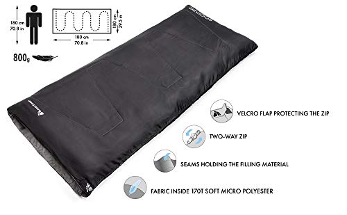 meteor Saco Dormir Rectangulares - Ideal para niños y Adultos en Viaje Camping Funda vivac Festival Hotel Acampada Senderismo al Aire Libre Portátil con Saco de Compresion Snooze (Negro)