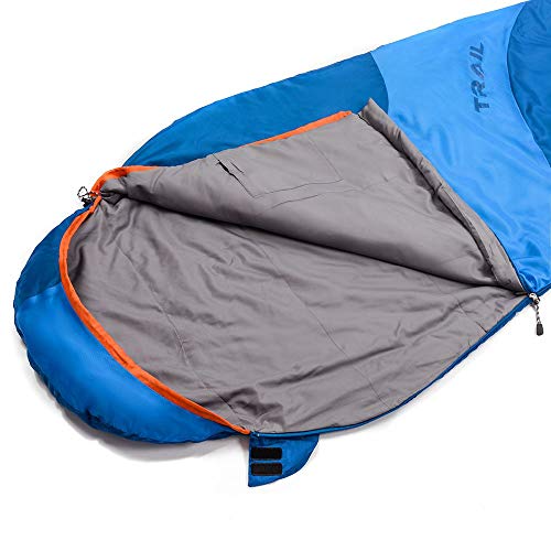 meteor Saco Dormir Tipo Momia con Capucha - Ideal para niños en Viaje Camping Funda vivac Festival Hotel Acampada Senderismo al Aire Libre Portátil con Saco de Compresion Trail (Azul Marino/Azul)