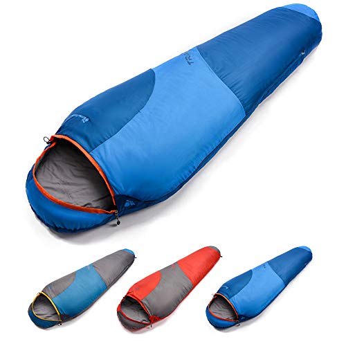 meteor Saco Dormir Tipo Momia con Capucha - Ideal para niños en Viaje Camping Funda vivac Festival Hotel Acampada Senderismo al Aire Libre Portátil con Saco de Compresion Trail (Azul Marino/Azul)