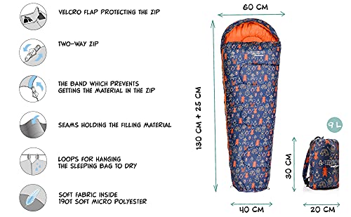 meteor Saco Dormir Tipo Momia con Capucha - para Niños en Viaje Camping Funda vivac Festival Hotel Portátil con Mochila YMER ((130 + 25) x 60/40 cm, Robot)