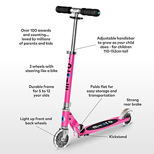 Micro® Sprite LED, Original Design, Patinete 2 Ruedas con iluminación LED Plegable, +6 Años, Peso 2,85kg, Carga Máx 100Kg, Aluminio, Plataforma Antideslizante, Rodamientos ABEC 9 (Rosa)