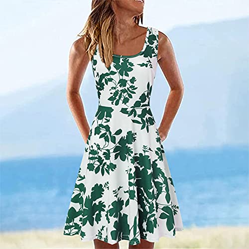 Midi Vestido de CóCtel Verano Mujer sin Mangas La Vendimia Las Casual - Verano Corto Vestidos de Plisada Elegant con Floral Estampado Cuello en U Wrap Dress para Fiesta Playa Noche