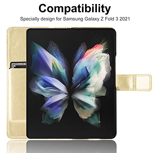 Miimall Funda Compatible con Samsung Galaxy Z Fold 3 5G Cuero de PU + Marco de PC Soporte Plegable Flip con Hebilla Magnética con Ranura para Tarjeta Cubierta para Samsung Galaxy Z Fold 3 - Oro