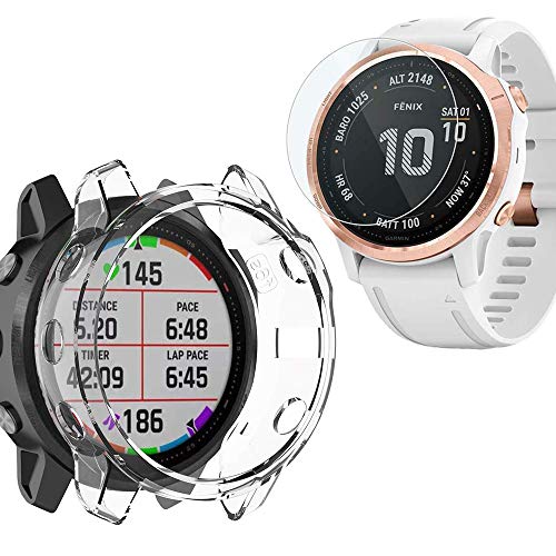 Miimall Funda Protectora de Pantalla Compatible con Garmin Fenix 6S/6S Pro, Anticaída TPU Case + 9H Vidrio Películas Templadas Antigolpe Carcasa para Garmin Fenix 6S/6S Pro - Transparente