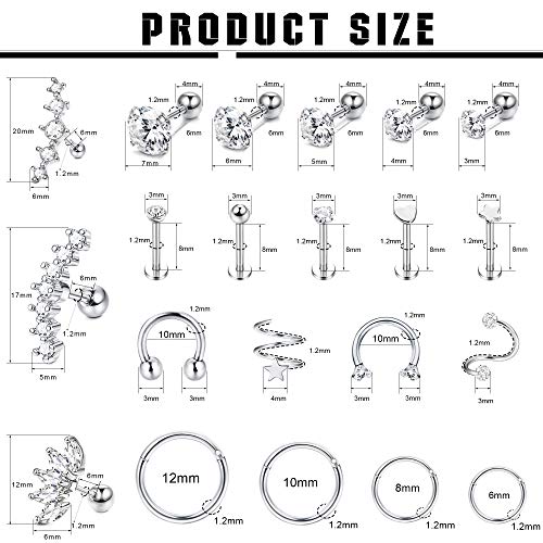 Milacolato 21 piezas de Acero Inoxidable Pendientes Cartilago Clicker Aro Trago Helix Conch Piercing Studs Nariz Labio Clicker Aros CZ Barbell Set Piercing Oreja Joyería 16G