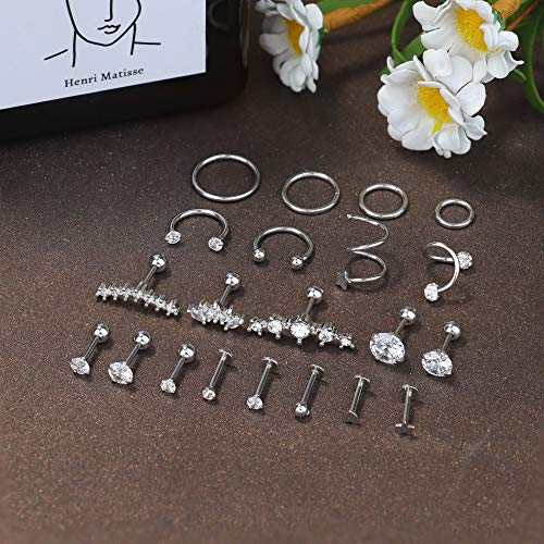 Milacolato 21 piezas de Acero Inoxidable Pendientes Cartilago Clicker Aro Trago Helix Conch Piercing Studs Nariz Labio Clicker Aros CZ Barbell Set Piercing Oreja Joyería 16G