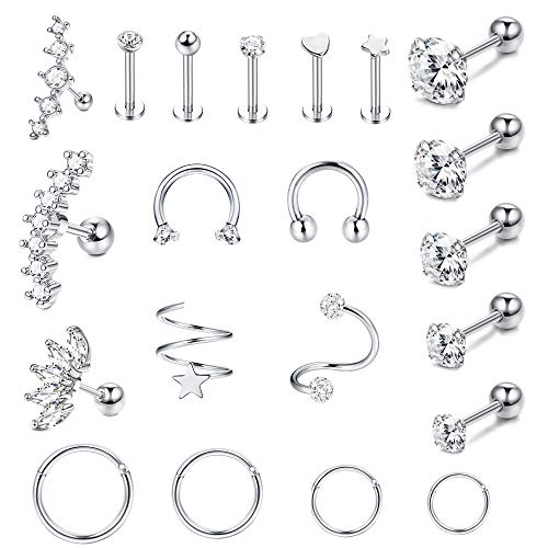 Milacolato 21 piezas de Acero Inoxidable Pendientes Cartilago Clicker Aro Trago Helix Conch Piercing Studs Nariz Labio Clicker Aros CZ Barbell Set Piercing Oreja Joyería 16G