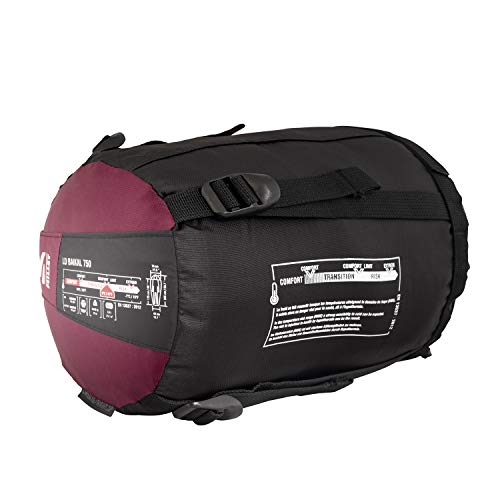 Millet - Baikal 750 W - Saco de Dormir para Mujer con Funda de Compresión - Sintético - Equipamiento para Actividades al Aire Libre - 2 Estaciones (Confort 10 °C) - Largo: 210 cm (Burdeos)