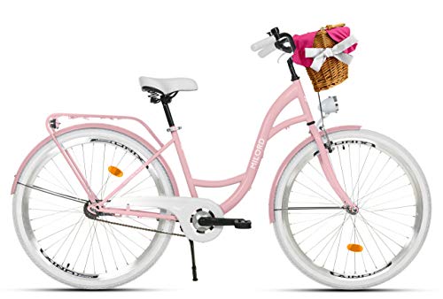 Milord Bikes Bicicleta de Confort Rosa de 1 Velocidad y 26 Pulgadas con Cesta y Soporte Trasero, Bicicleta Holandesa, Bicicleta para Mujer, Bicicleta Urbana, Retro, Vintage