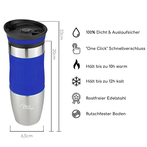 Milu Termo Taza 370ml, 450ml - Vaso Termico de Viaje - Café para Llevar - Taza de Viaje - Taza de acero inoxidable para beber - con aislamiento de doble pared (Azul, 450ml)