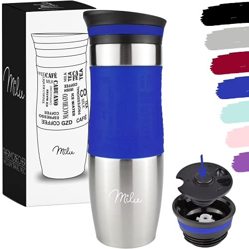 Milu Termo Taza 370ml, 450ml - Vaso Termico de Viaje - Café para Llevar - Taza de Viaje - Taza de acero inoxidable para beber - con aislamiento de doble pared (Azul, 450ml)