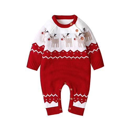 mimixiong Bebé Navidad Suéter Mameluco De Punto Reno Mono Trajes (Rojo, 12-18 Meses)