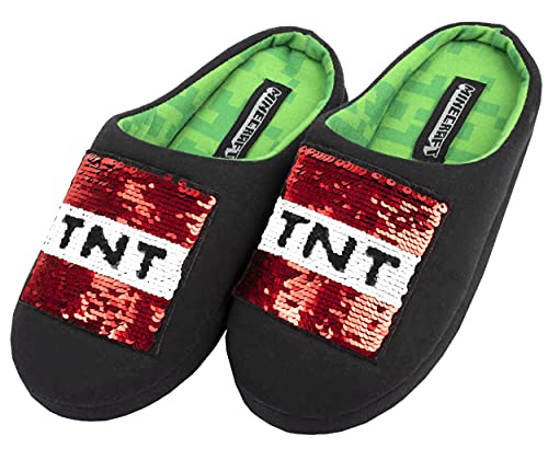 Minecraft - Pantuflas Negras para Niños - Pantuflas de Minecraft con Lentejuelas Reversibles - Diseño del Creeper de Minecraft y Caja de TNT - Pantuflas para Niños Talla UK 3/EUR 35, Edad 10