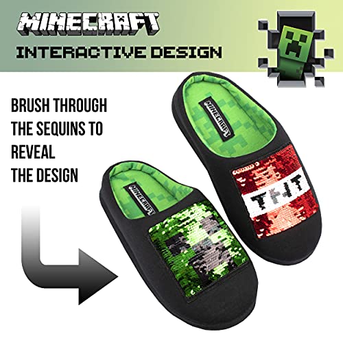 Minecraft - Pantuflas Negras para Niños - Pantuflas de Minecraft con Lentejuelas Reversibles - Diseño del Creeper de Minecraft y Caja de TNT - Pantuflas para Niños Talla UK 3/EUR 35, Edad 10