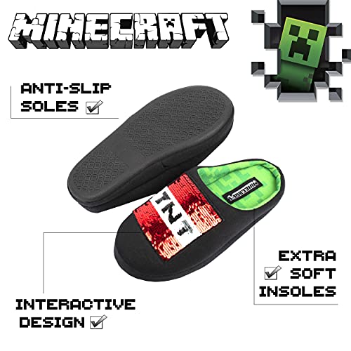 Minecraft - Pantuflas Negras para Niños - Pantuflas de Minecraft con Lentejuelas Reversibles - Diseño del Creeper de Minecraft y Caja de TNT - Pantuflas para Niños Talla UK 3/EUR 35, Edad 10